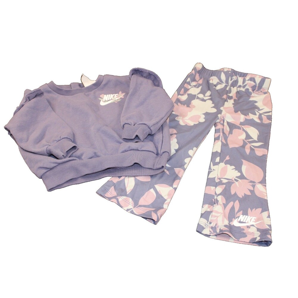 Nike Baby Girl 18M Outfit Sweatshirt Leggings Floral Purple Dri-Fit Set 2Pc